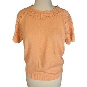 Haband Classic Old Money Style Peach Pointelle Knit Sweater Short Sleeve Medium